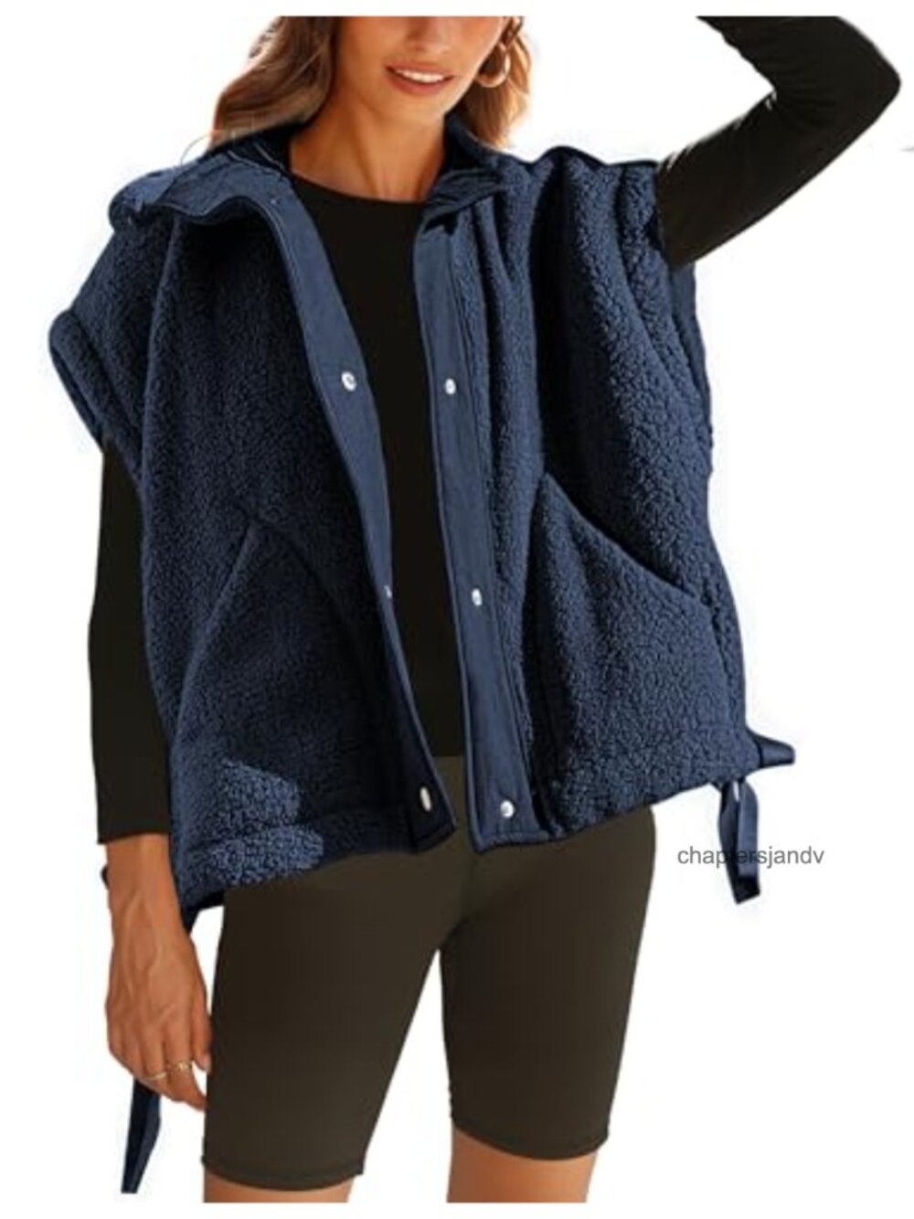 Sherpa Fleece Vest Fuzzy Oversized Sleeveless Jacket Snap Button Drawstring Hem